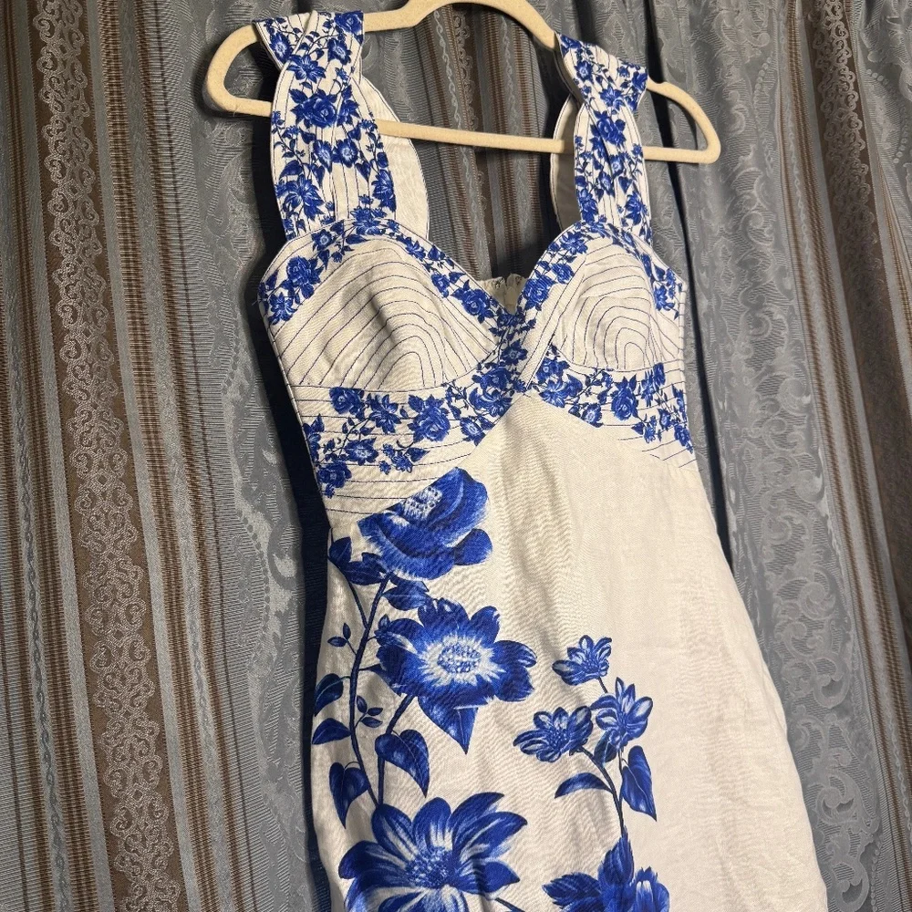 FARM Rio Off-White Floral Cascade Wavy Euroflax Premium Linen Midi Dress - Picture 9 of 10